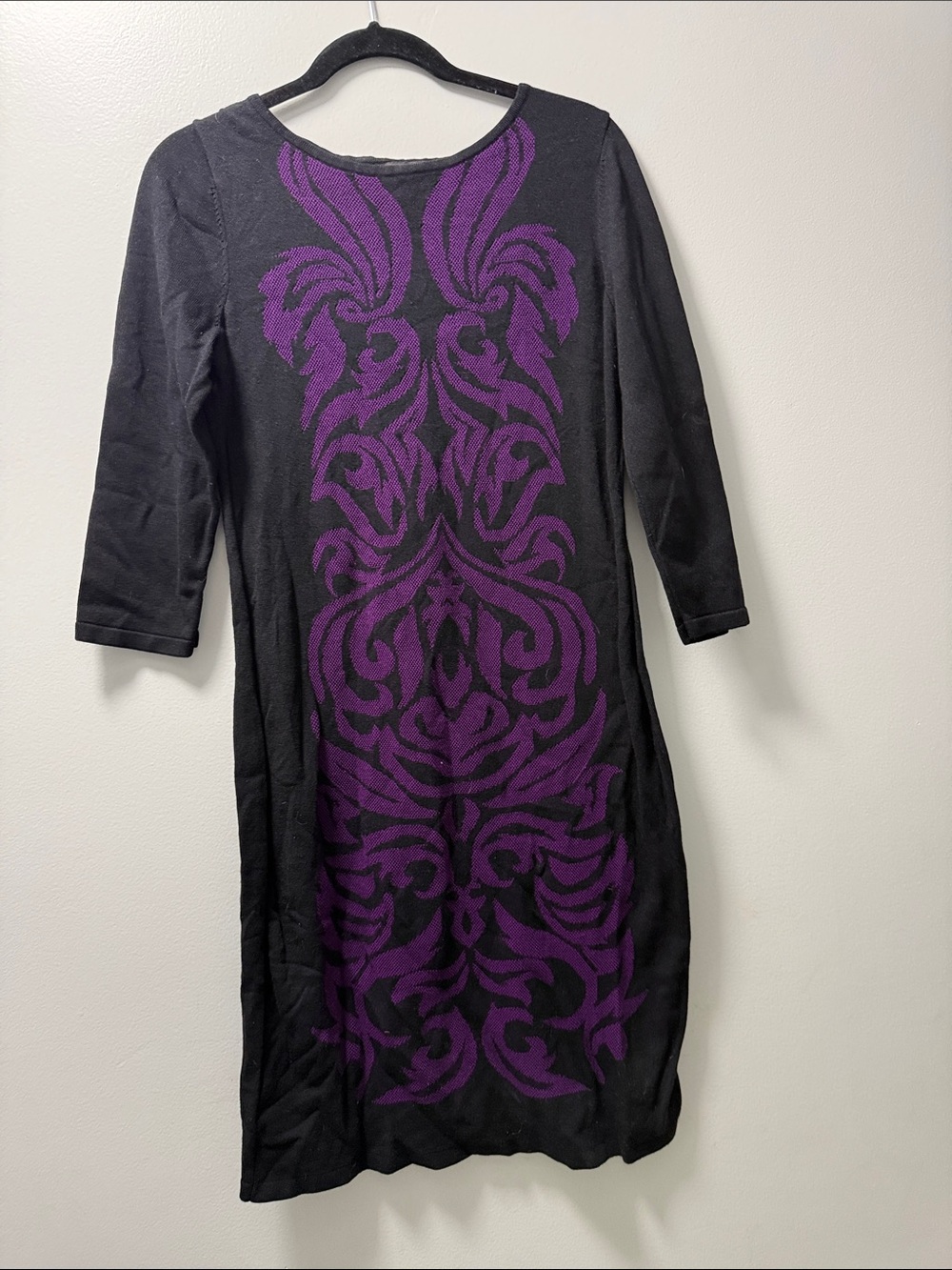Nine West Black Long-Sleeve Dress with Purple Scroll Panel